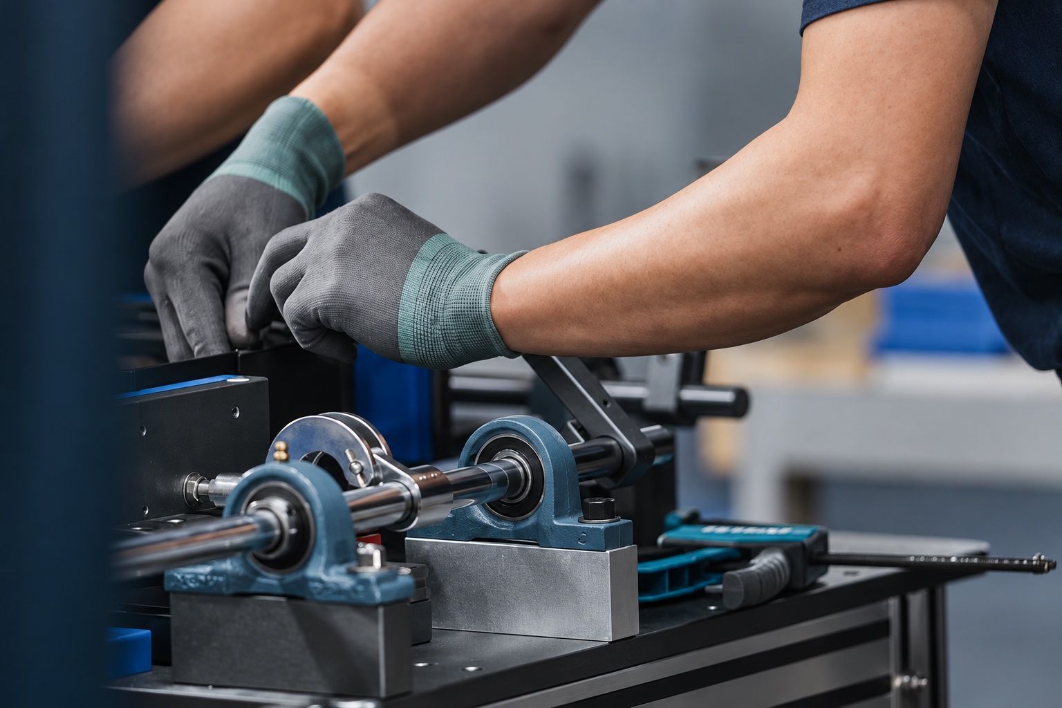 Gloved hands working with precision equipment in a manufacturing setting.