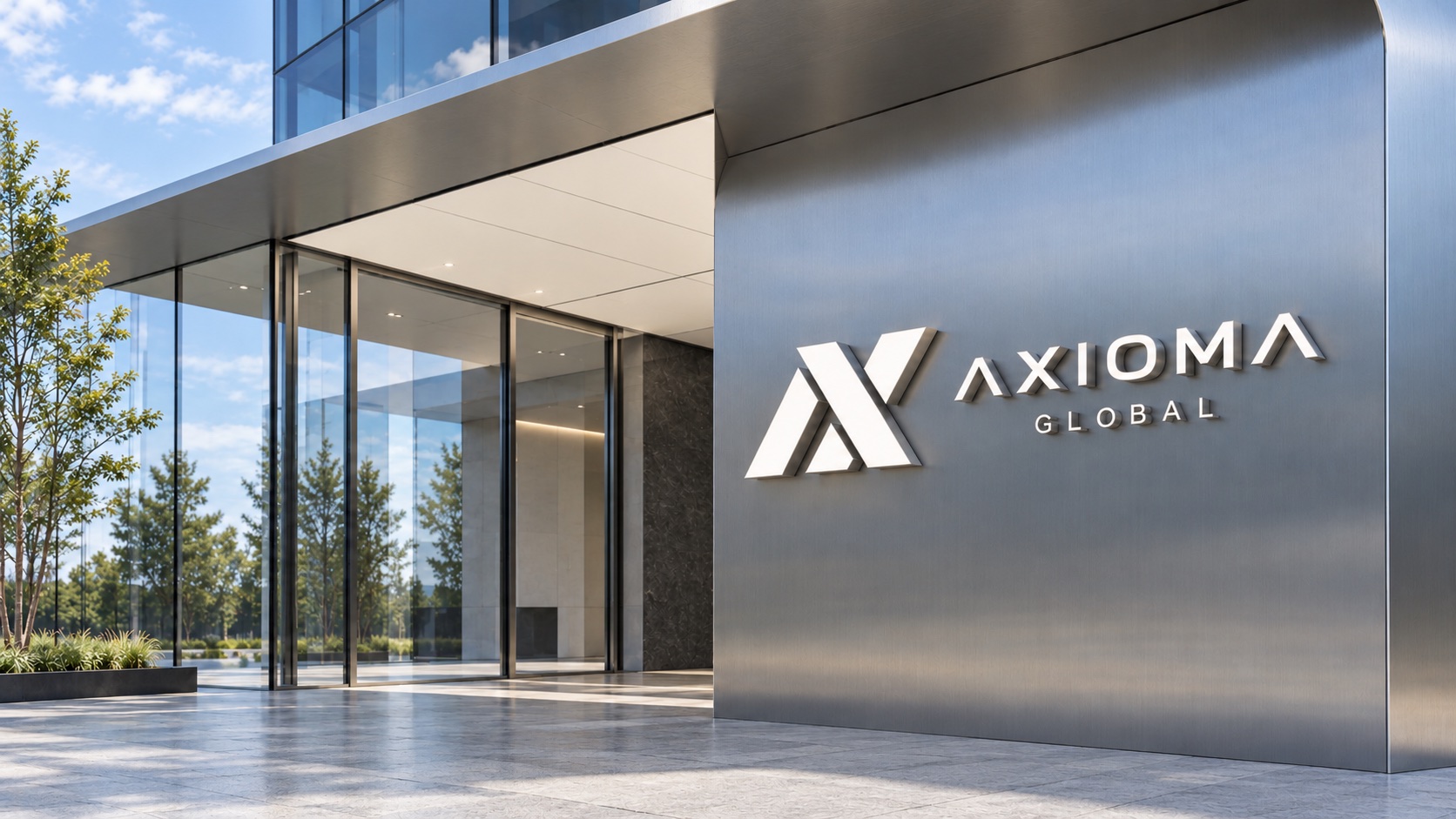 Illuminated commercial signage integrated with a contemporary entrance.