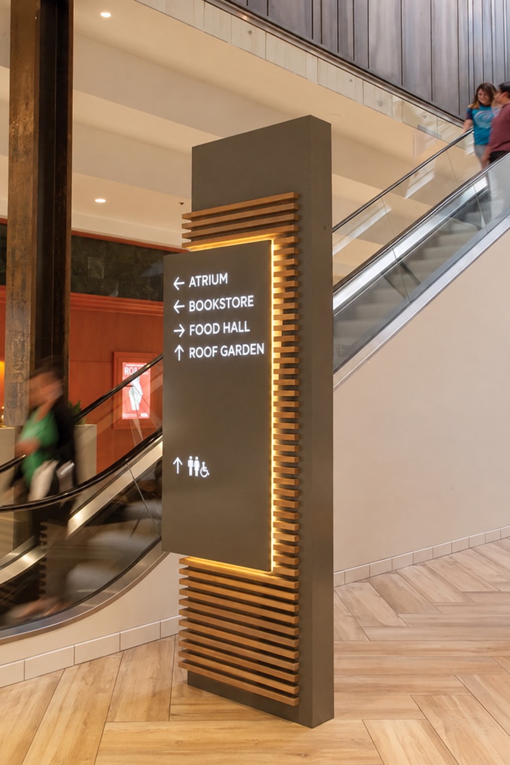 Freestanding directory sign in a multilevel commercial atrium.