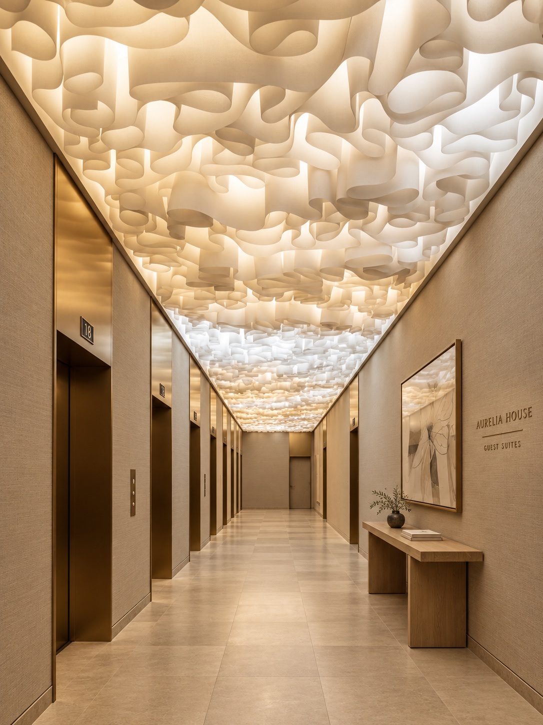 Guest-floor corridor with integrated room identification.