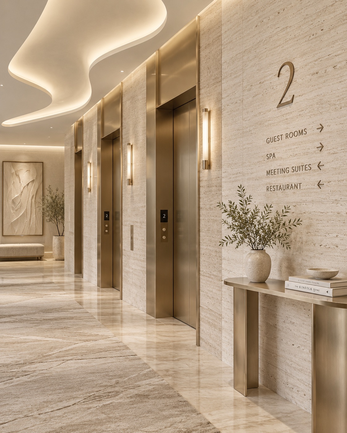 Directional signage integrated into a hospitality lift lobby.