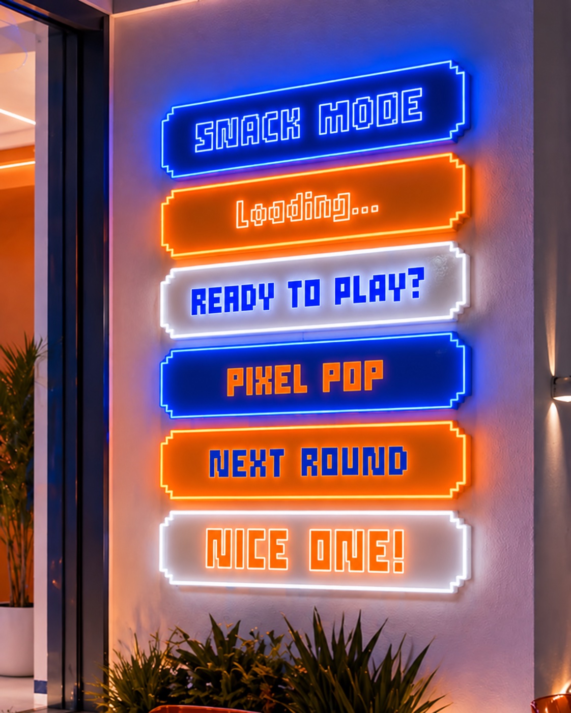 Layered illuminated panels with pixel-inspired lettering.
