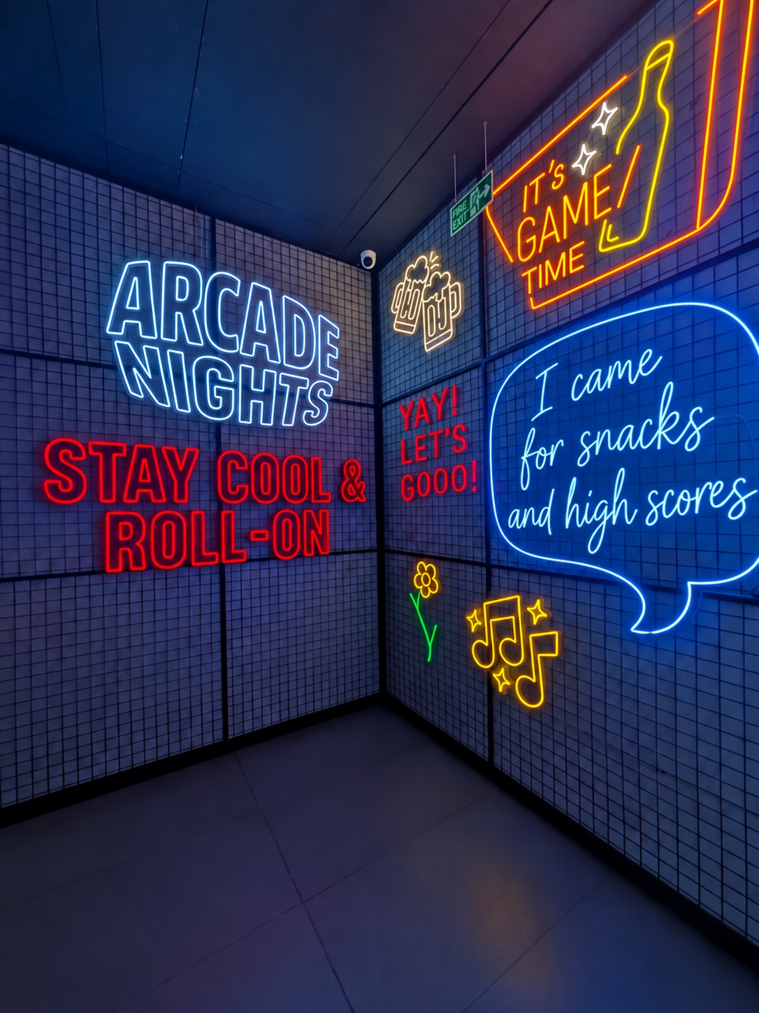 Colorful neon-style signs arranged across an interior feature wall.