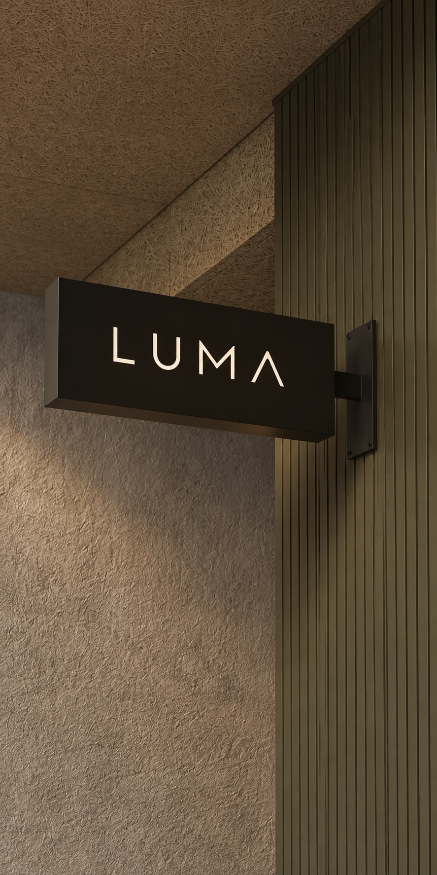Rectangular illuminated blade sign in a warm interior setting.